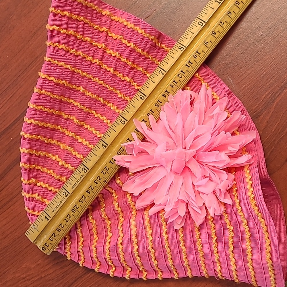 Girls toddler pink yellow striped aqua sun beach hat with fluffy floral accent - Picture 3 of 4
